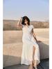 White Lace Mid-Length V-Neck Travel Dress - Korean Style 2025