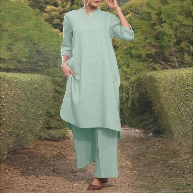 Fashionable Cotton Linen Long Sleeve Casual Drawstring Pants Set