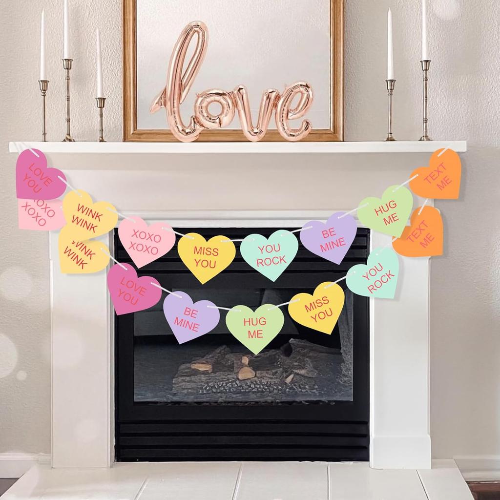 Valentines Conversation Hearts Candy Banner No DIY Valentines Day Heart Garland with 16Pcs Heart, 2Pack Pre-Strung Valentines Garland Heart Banner