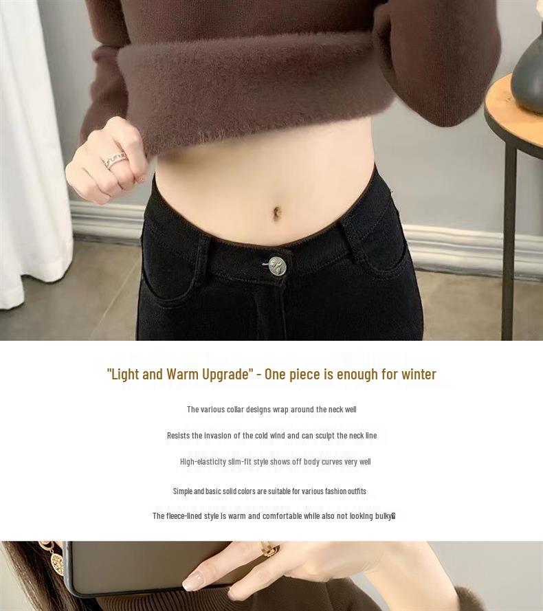 2025 Winter High Neck Plus Velvet Knit Sweater - Women's One-Piece Warm Base Layer