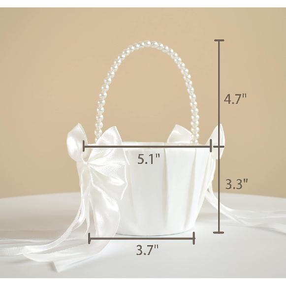 Wedding Flower Girl Basket with Cute Pearl Handle Bowknot Satin Flower Baskets for Wedding Ceremony - Ivory