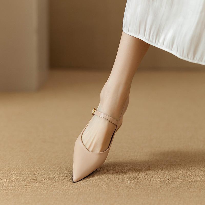 New retro elegant Mary Jane shoes women's soft leather pointed thick heel with light mouth high heel single shoes