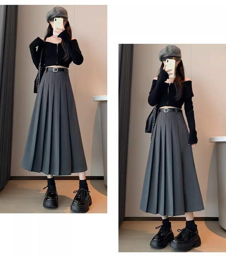 2026 Women's Petite High-Waisted Gray Wool Blend Pleated A-Line Skirt - Autumn Style