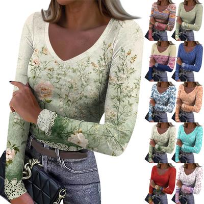 Camiseta Base de Invierno para Mujer Ajustada Estampado Moderno Cuello en V Jersey Manga Larga