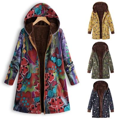 Vintage Floral Print Winter Warm Oversize Womens Coat Hooded Outwear with Pockets