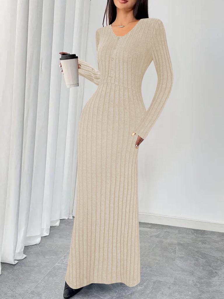 Independent Style European & American Solid Color Ribbed V-Neck Single-Breasted Long Dress for Women - Autumn/Winter Collection