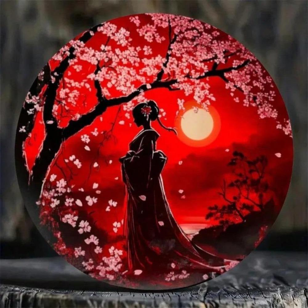 Vintage Japanese Metal Wall Art Cherry Blossom Moon Night Painting Home Decor Gift