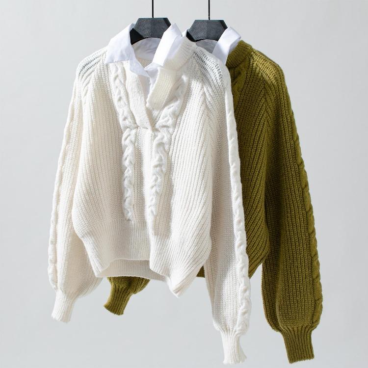 Vintage Knitwear Cardigan Sweater 2 in 1 Loose Long Sleeve Solid Color O Neck Top Autumn Winter