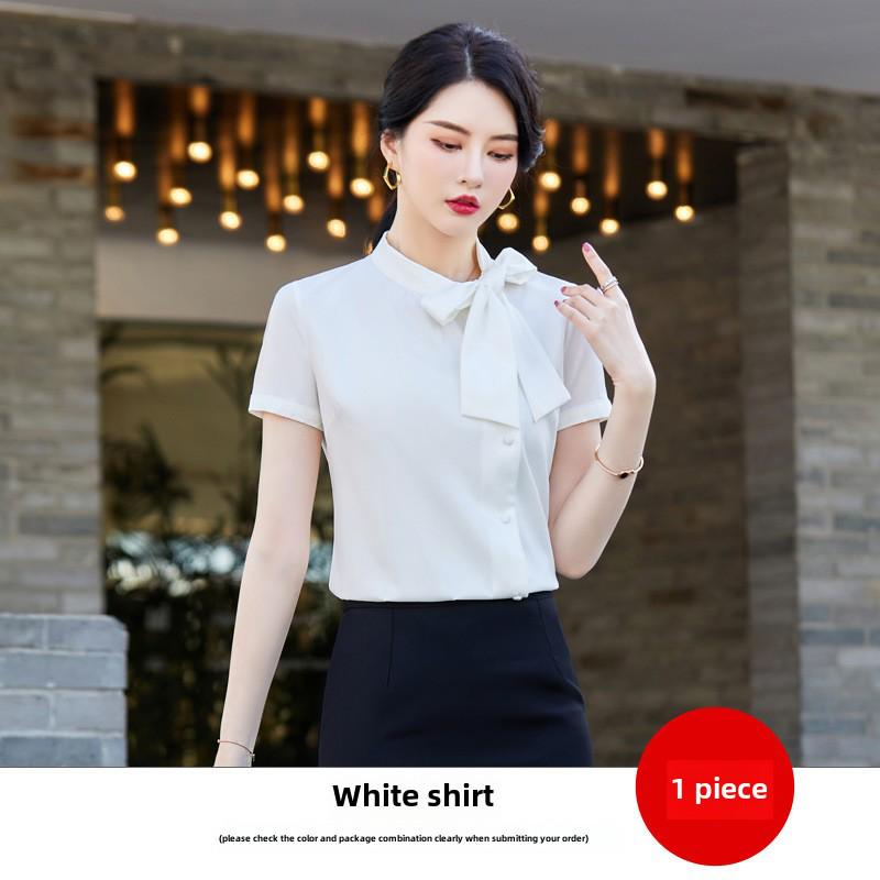 

Элегантная женская рубашка с короткими рукавами и бантом - Профессиональная белая летняя рабочая одежда XXXXL