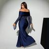 Navy Blue Large Size One-word Shoulder Mesh Fishtail Evening Dress, Which Can Be Customized by OEM D
