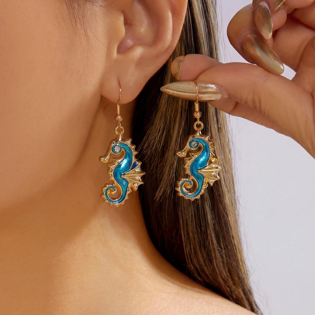 Vacation Style Shiny Rhinestone Seahorse Drop Earrings For Women Crystal Zircon Enamel Sea Animal Seahorse Earring Ocean Jewelry