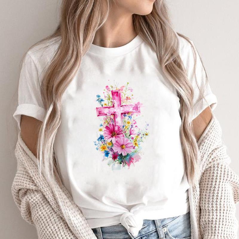 (Asian Size) sweet trend cute 90s style faith Print Short Sleeve T-shirts Casual Women's Top T Clothing O-neck Fashion Female Graphic Tee