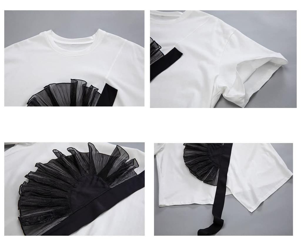 3D Floral Short Asymmetrical Floral Loose One Size Fits White with Black X-CHEN T-Shirt, Women's, Sleeve, Design, Fit, Stylish, Stylish, Spring/Summer