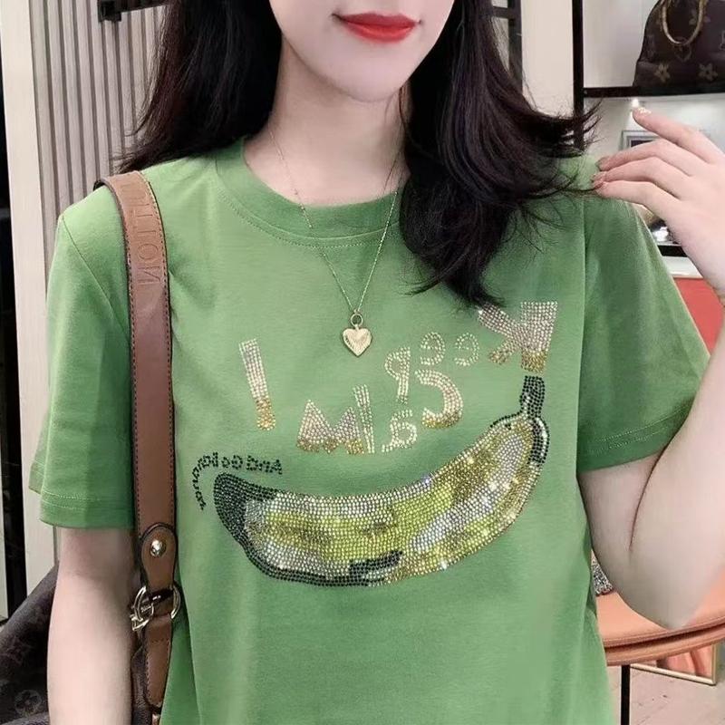 

Женская одежда Стильная футболка со стразами Роскошная Шикарная Базовая Летняя Повседневная с коротким рукавом Женская с круглым вырезом Свободные хлопковые топы XL зелёный