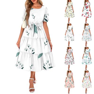 Rochie Maxi de Vară pentru Femei, cu Mânecă Scurtă, Gât Rotund, Talie Elastică, Stil Bohemian, Fluidă, cu Buzunare