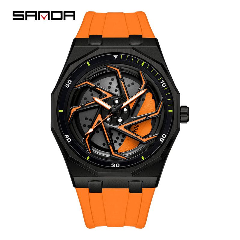 Sanda Men's Waterproof Alloy Car Wheel Design Silicone Wristwatch