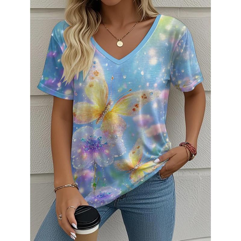 Flower Butterfly Printed Top Fashion V-Neck Short Sleeve Loose T-Shirts Women’s S