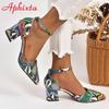 Aphixta 5cm Square Heel Summer Ankle Strap Pointed Toe Sandals Women Snake Prints Green Leather Open Shoes Pimp Plus Size 46