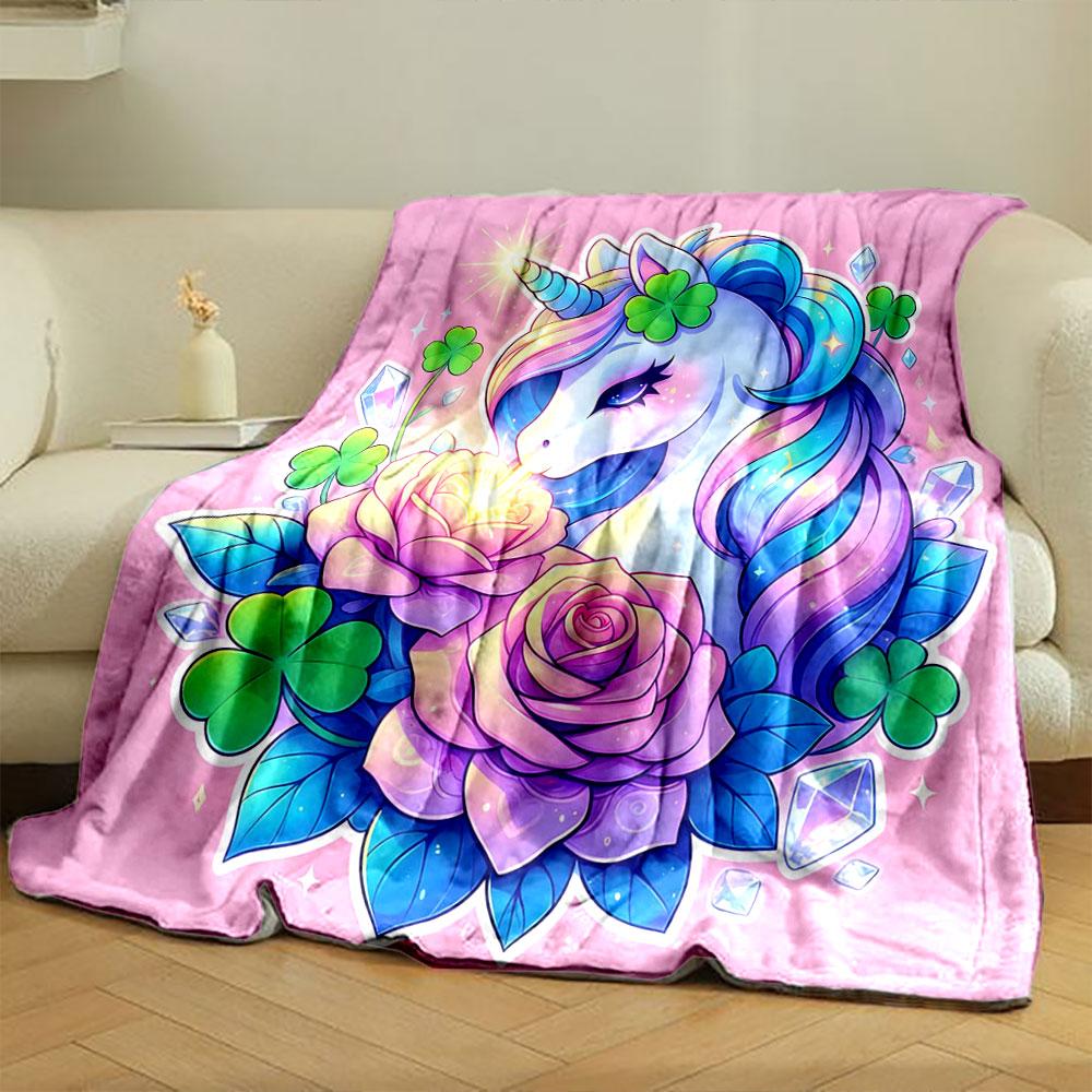 1PC Unicorn Flower Pink Background Print Warm Comfortable Blanket Home Travel Camping for Adults and Kids Luxury Gifts