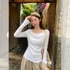Fake Design Sense Two Pieces One-word Shoulder Swing Collar Long-sleeved Bottom T-shirt Women's Early Autumn Slim-fit Horn-sleeved Small Top