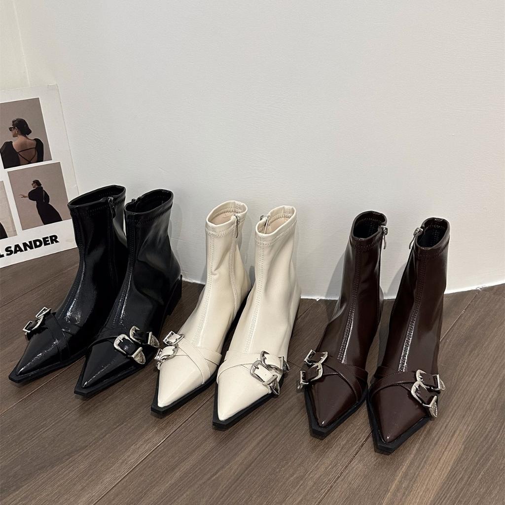 Thick Heel Pointed Temperament Thin French Small Short Boots Women's Shoes 2024 New Spring and Autumn Single Boots Black Martin Boots