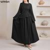 VONDA Women O Neck Long Sleeve Casual Loose Pleated Layers Maxi Rufffled Dress Robes
