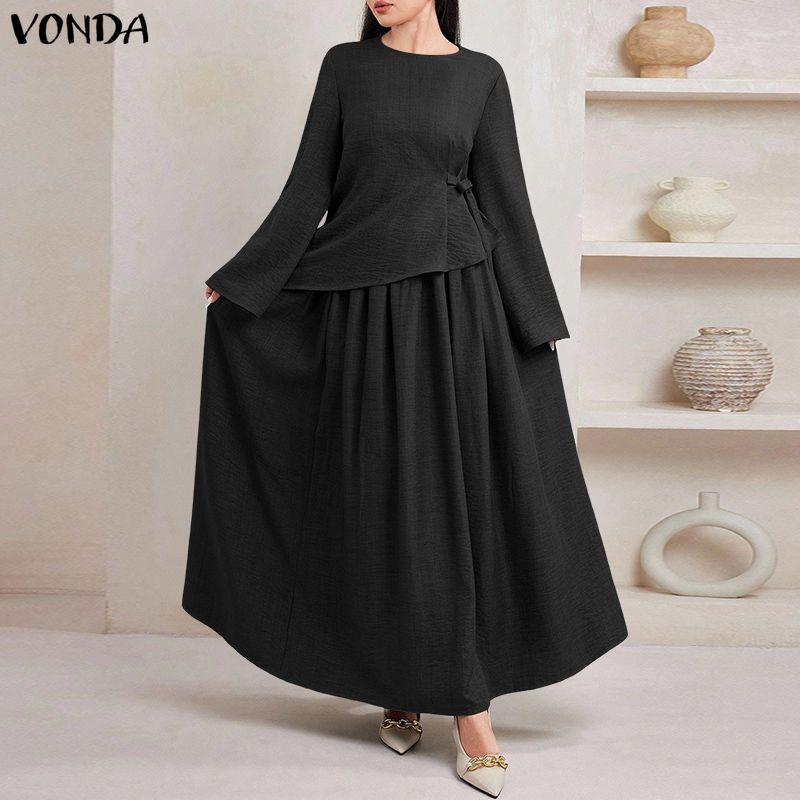 VONDA Women O Neck Long Sleeve Casual Loose Pleated Layers Maxi Rufffled Dress Robes
