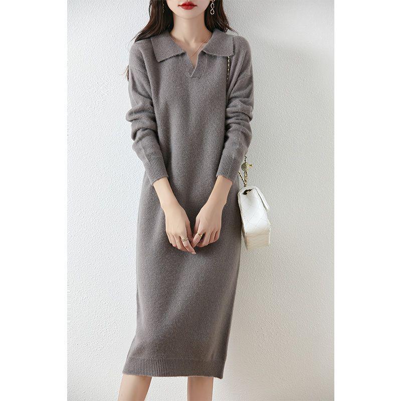 Women's Thickened Wool Polo Neck Long Dress - Autumn/Winter Loose Knit Base Layer 