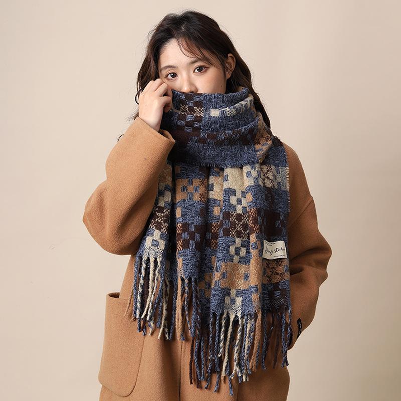 Scarf Winter Women's Blue Plaid Shawl New Versatile Korean Student Scarf Men's Plaid Scarf
