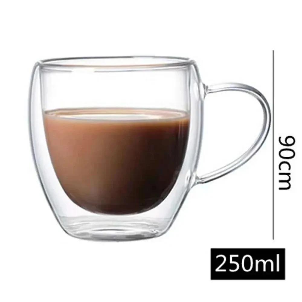 250ml Dubbelväggig Transparent Glas Kaffekopp med Handtag Dubbelväggig Värmeisolering Hög Temperatur Juice Mjölkkopp