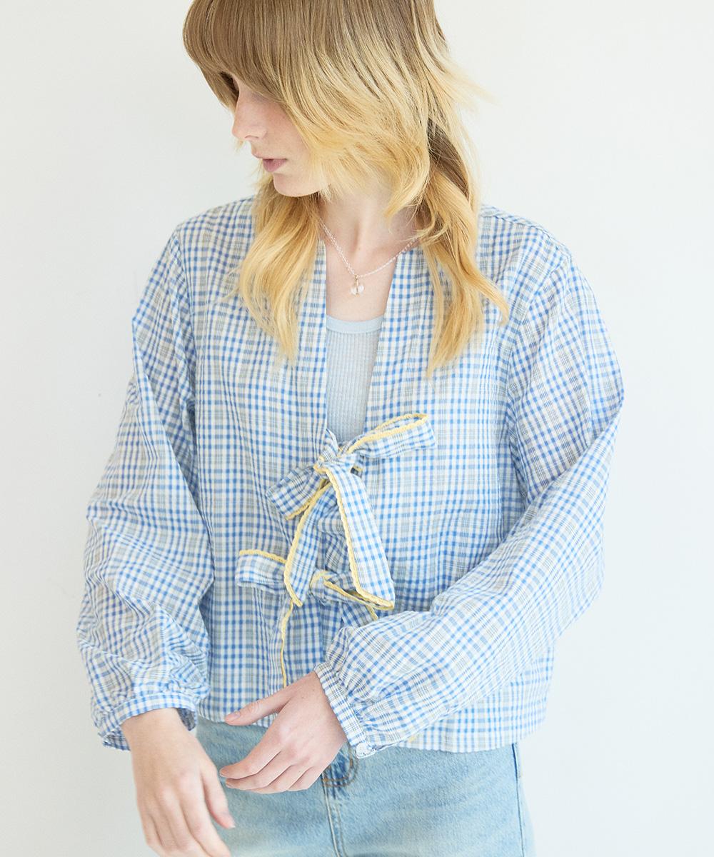 Cokette Sheersucker Ribbon Blouse Blue Check Blue Check/Free