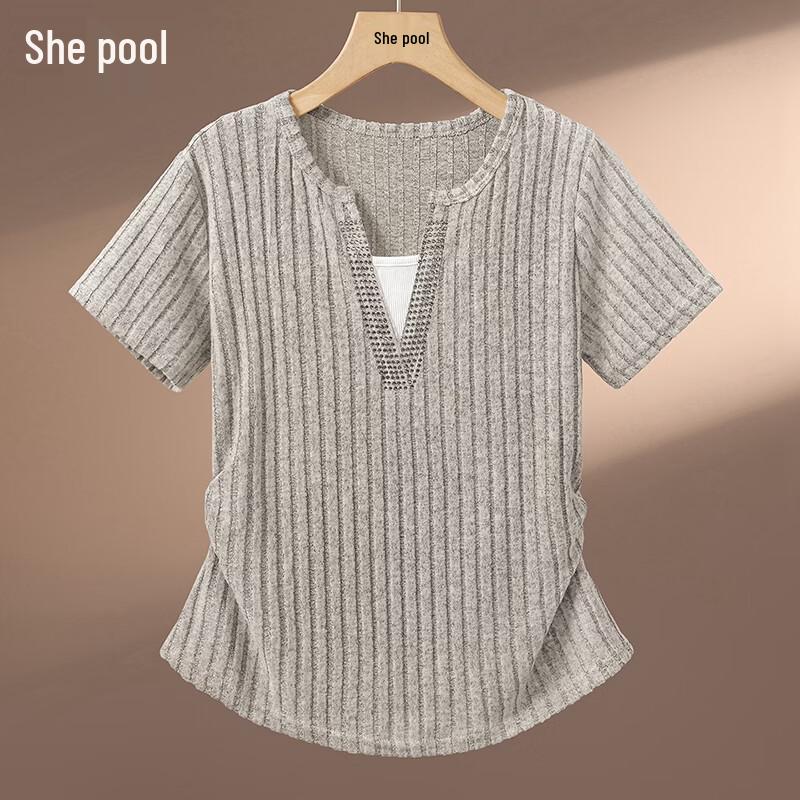 Women s Spliced Fake Two-Piece V-Neck T-shirt L