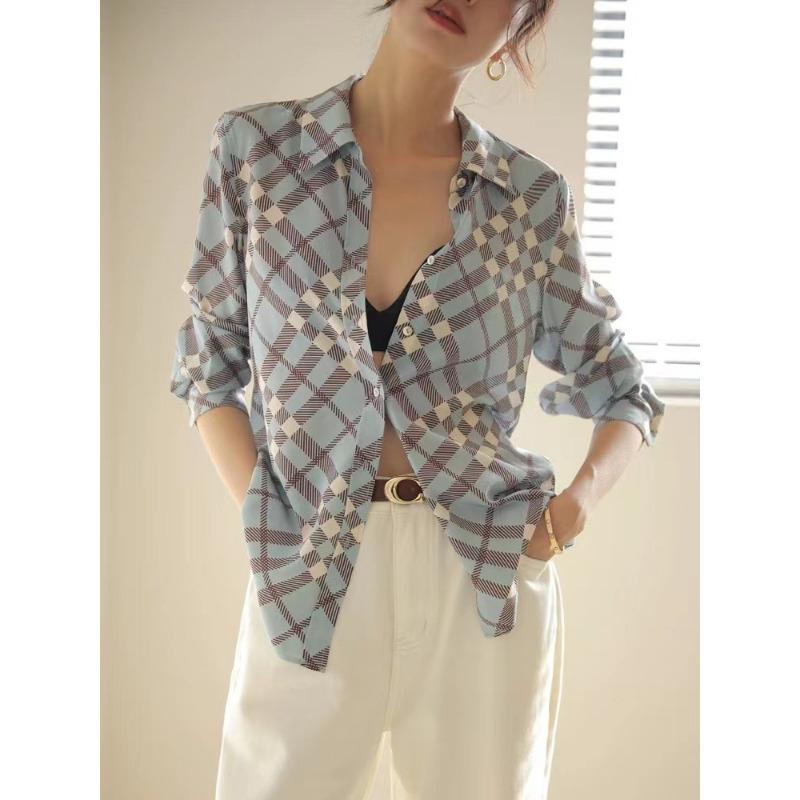 New Style Blue Plaid Silk Shirt for Women Long-sleeved Loose Mulberry Silk Top