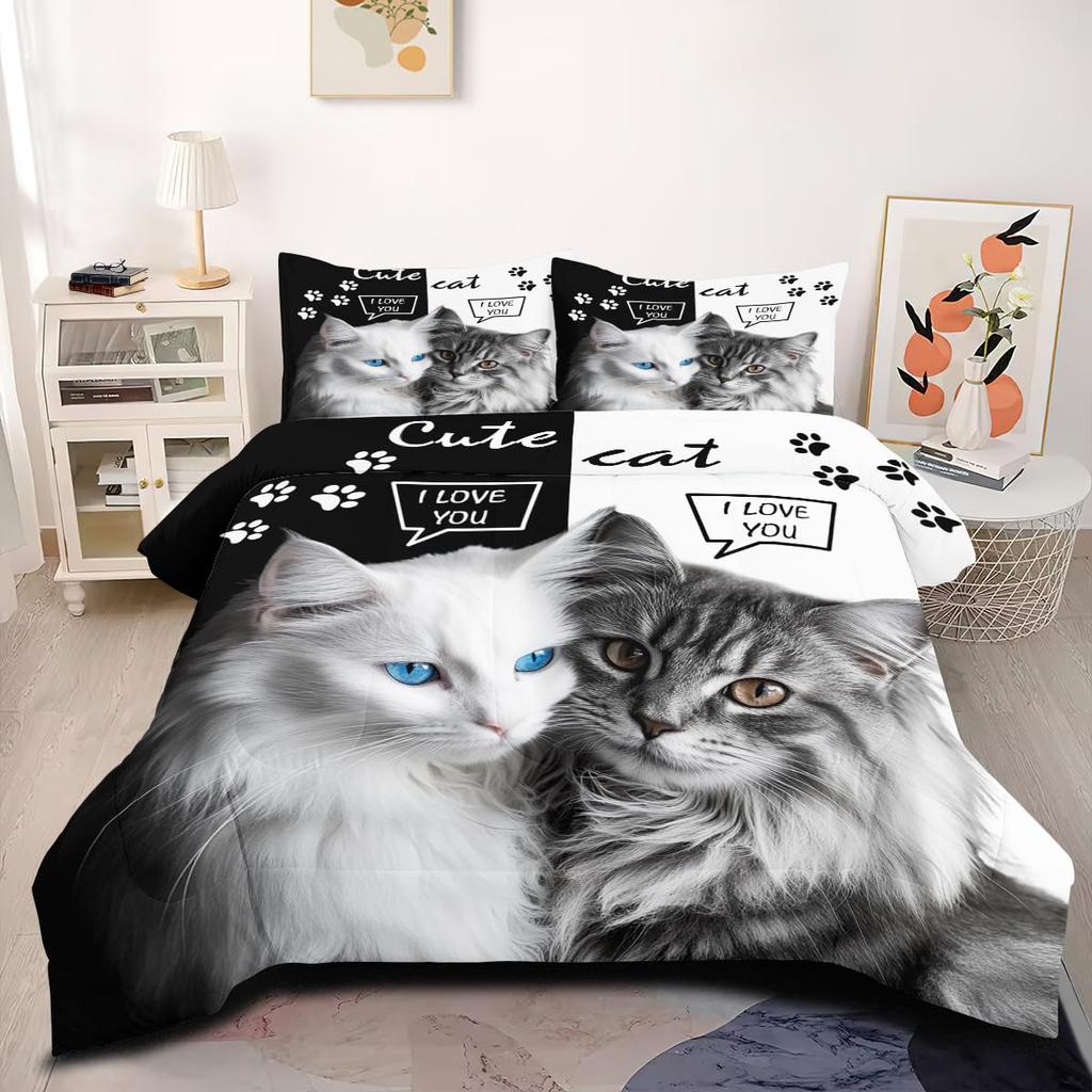 Black Cat Duvet Cover Set Gradient Line Cute Animal Bedding Set with Pillowcase Teens Kids Adults Room Decor Queen Duvet Covers
