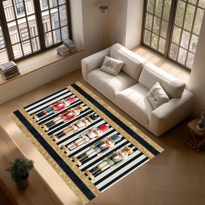 Nutcracker Soldiers Carpet Mat Rug Black White Stripe Gold Trim Vertical Arrangement Festive Home Decoration for Living Room