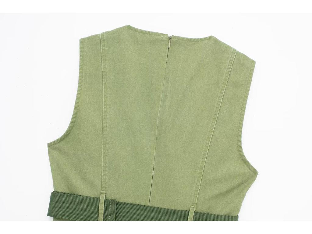 Spring European & American Style Mini Vest Dress with Waist Belt Details
