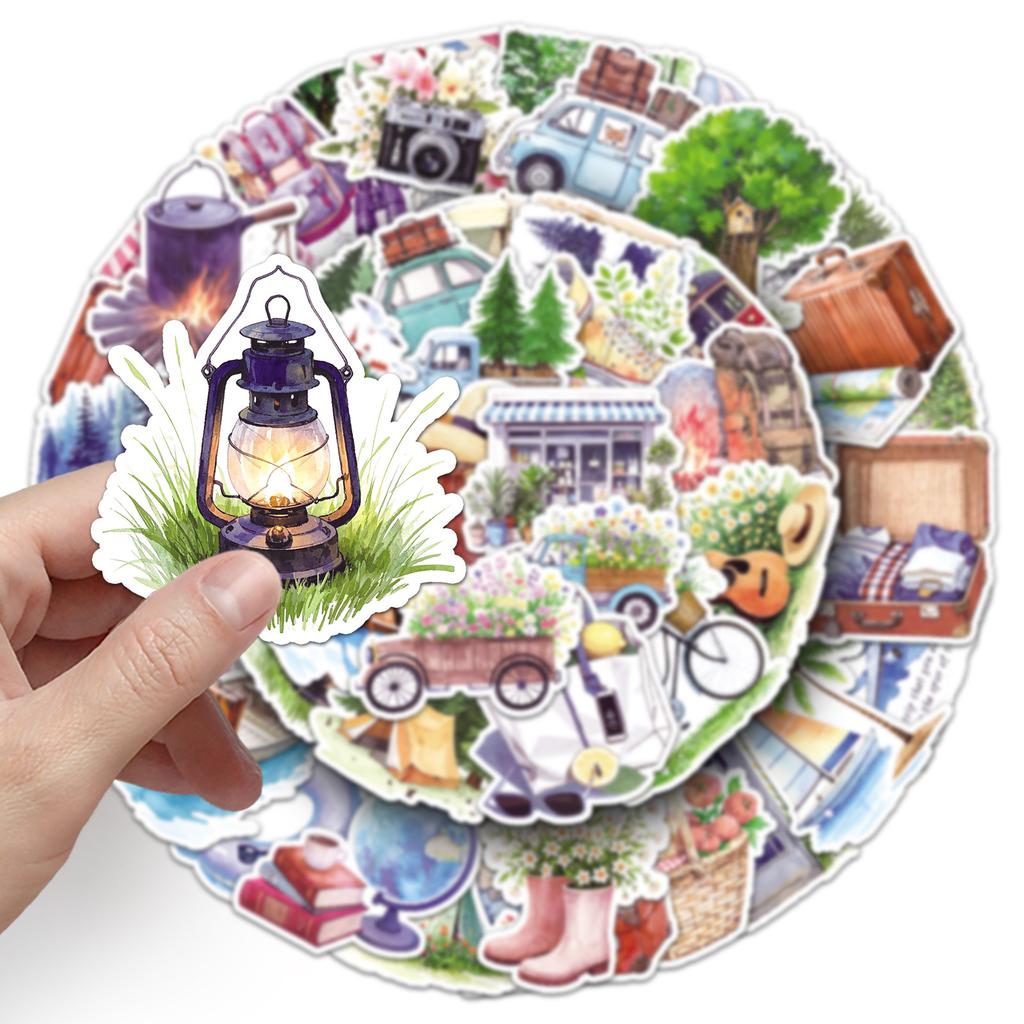 50 Outdoor Travel Graffiti Stickers Cartoon Small Fresh Hand-painted Watercolor Wind Camping Decorative Water Cup Mobile Phone Stickers