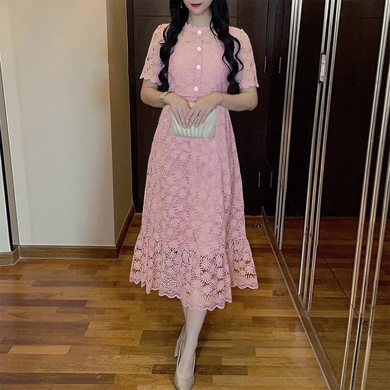 

ZANZEA Женское повседневное платье с круглым вырезом, короткими рукавами и элегантной кружевной отделкой 5XL розовый