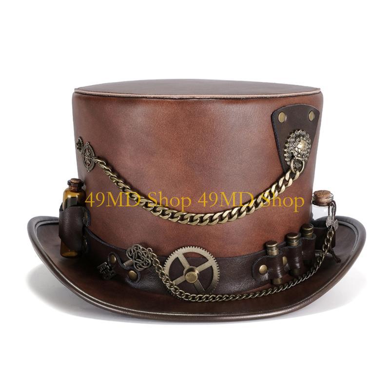 49MD Schwarzer PU-Leder Steampunk Hut Cosplay Kopfbedeckung für Maskenbälle Tanzveranstaltungen