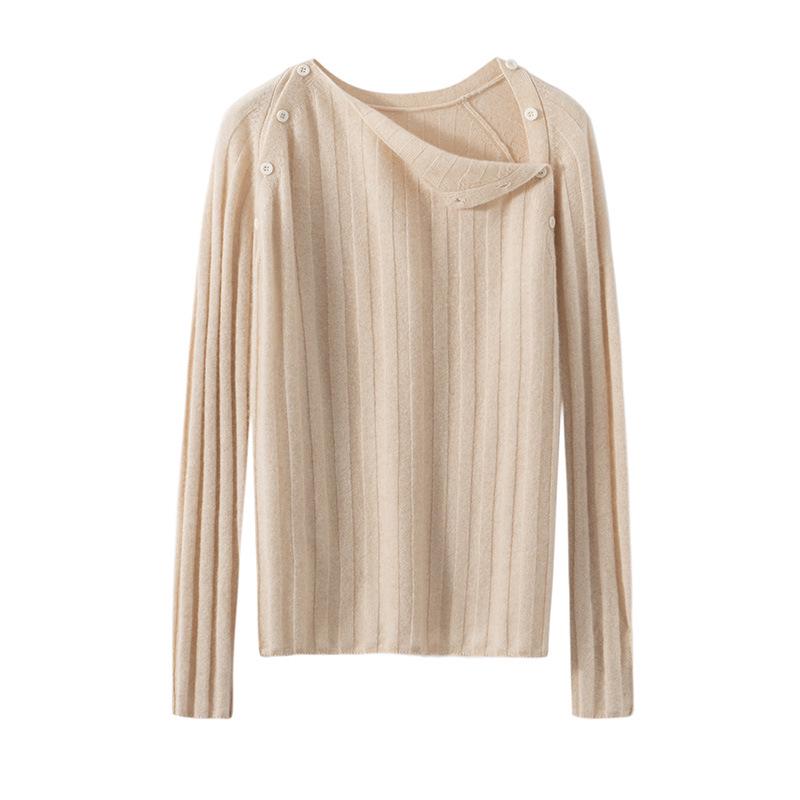 Women's Round Neck Cashmere Ribbed Slim-Fit Sweater, Long-Sleeve Winter Knit Top