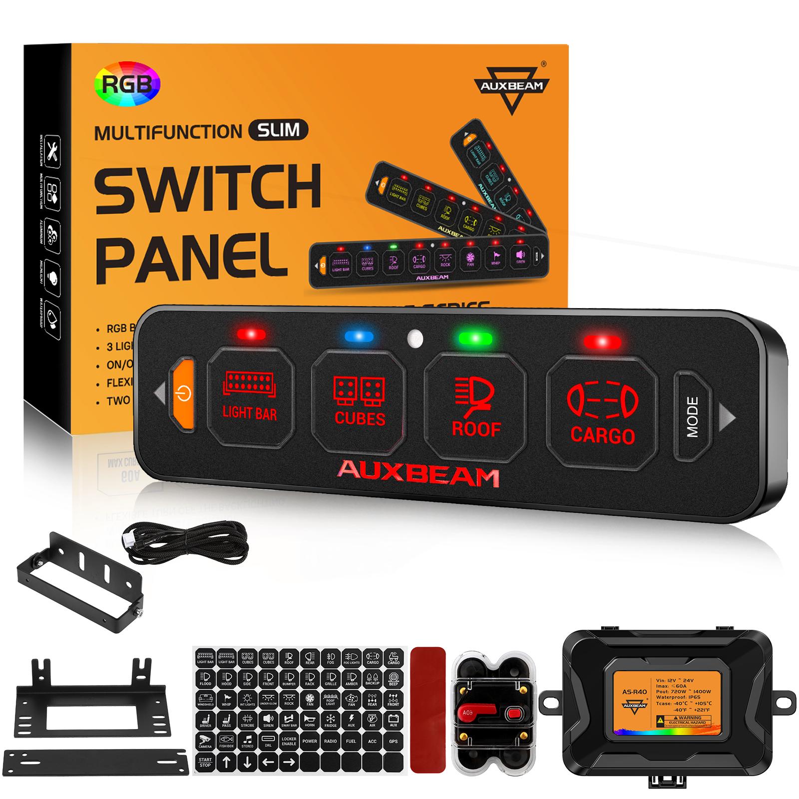 AUXBEAM 4 GANG RGB Single Row Switch Panel Toggle Momentary Pulsed Mode AS Series Car Lights Control Panel for Car Truck ATV UTV 4GANG