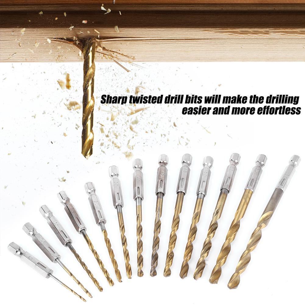 13Pcs 1.5 6.5mm High Speed Steel Titanium Coated Twist Drill Bits Set with Hexagonal Handle