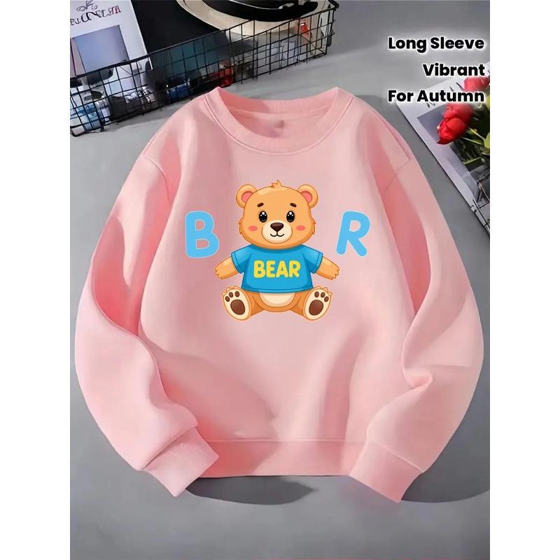 Cute Bear Wearing Blue Shirt with BEAR Text Girls' Hoodie, Round Neck Hoodie, Autumn and Winter Western Style Top