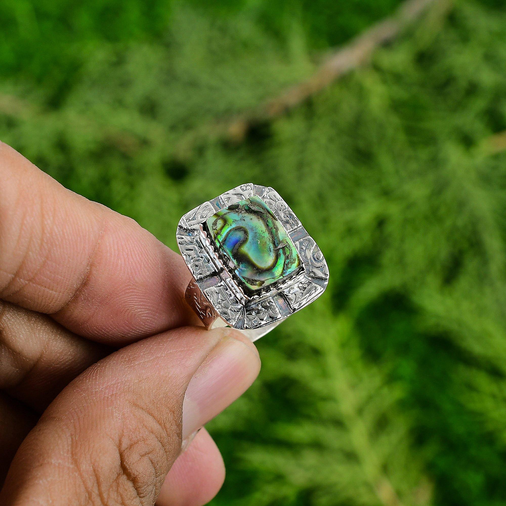 

925 Sterling Silver Abalone Shell Stone Wedding Promise Statement Ring Jewelry Adjustable