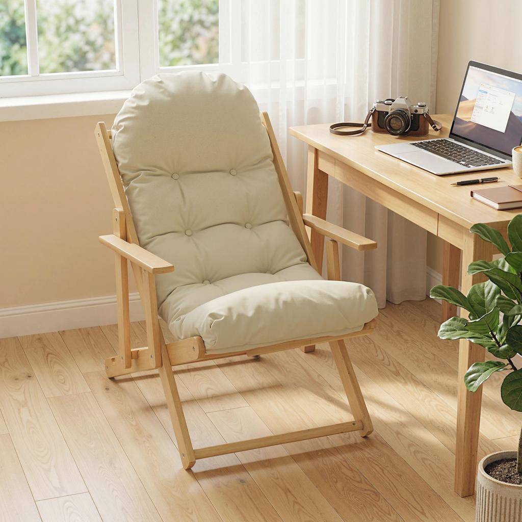 Folding Wooden Lounge Chair, Reclining, Padded Cushion