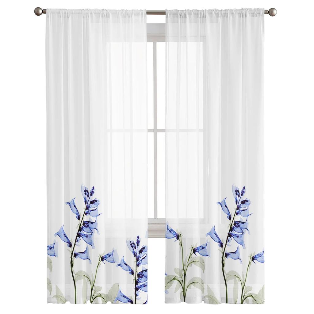 3D Flower Blue Flower Sheer Curtains for Living Room Bedroom Kids Room Tulle Window Treatment Drapes