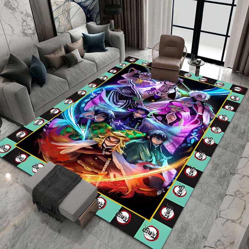 Cute cartoon Kimetsu no Yaiba rug, suitable for playrooms, bedrooms, living rooms, sofas, and other home décor; non-slip rug for
