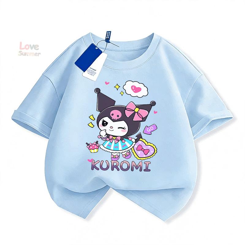 2026 Frühling Sommer Alter 4-14 Kuromi Grafik-T-Shirt für Mädchen Weich Kurzarm Süßer Aufdruck Atmungsaktiv Lässig Normale Passform Ideal