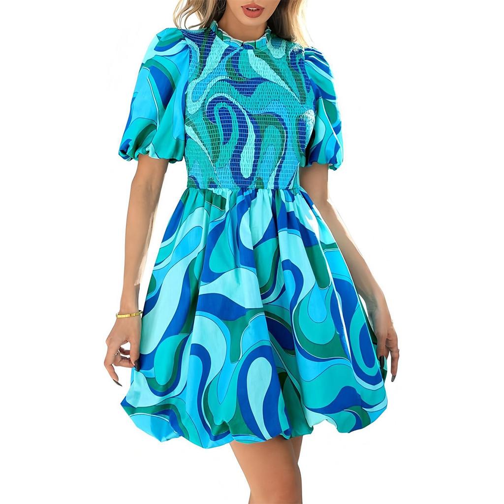 Women's Fashionable Solid Color Round Neck Bubble Short Sleeved Bohemian Pleated A-line Dress