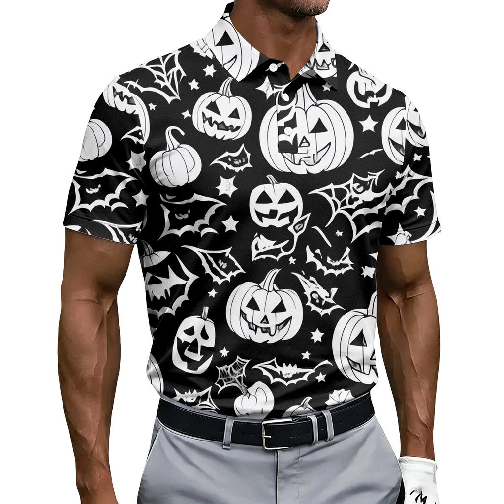 Men's Short Sleeve Polo Shirt Halloween Skull and Rose Print Button Down Casual Fit Lightweight Breathable Fabric